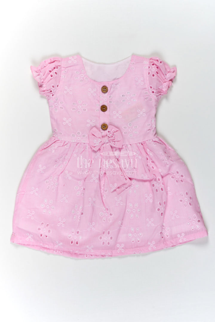 Girls Pink Cotton Dress with Hakoba Floral Embroidery and Puff Sleeves for Everyday Wear