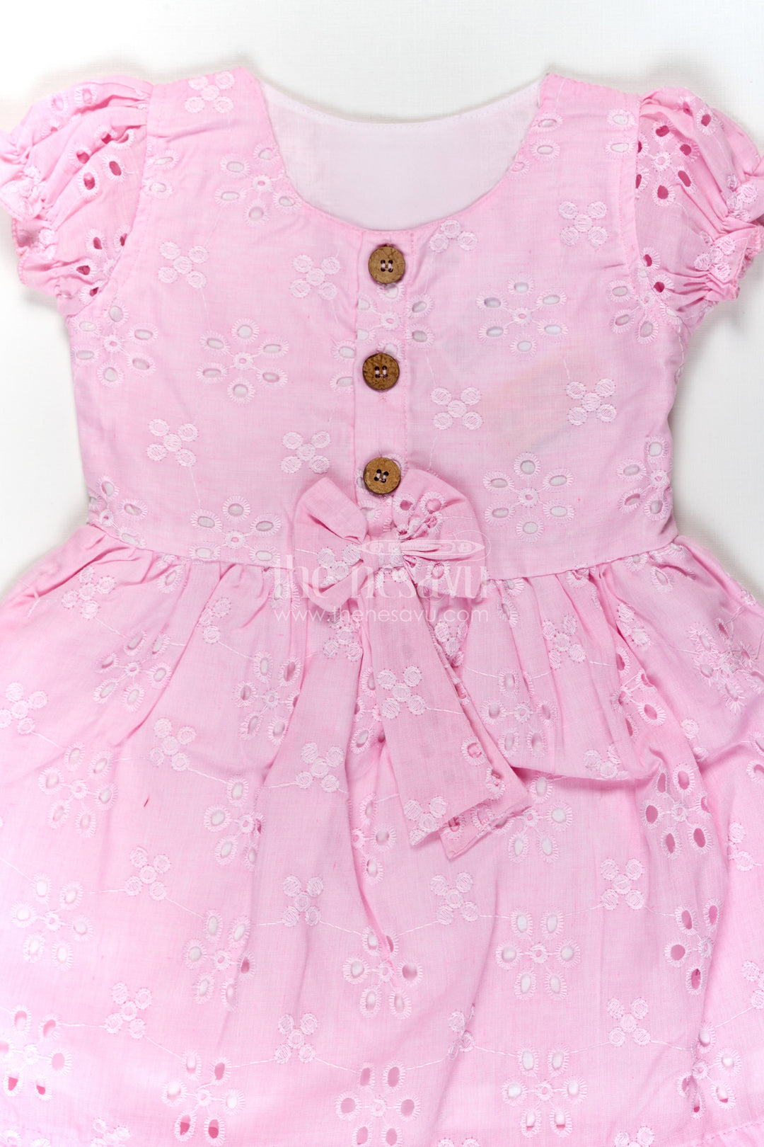 Girls Pink Cotton Dress with Hakoba Floral Embroidery and Puff Sleeves for Everyday Wear