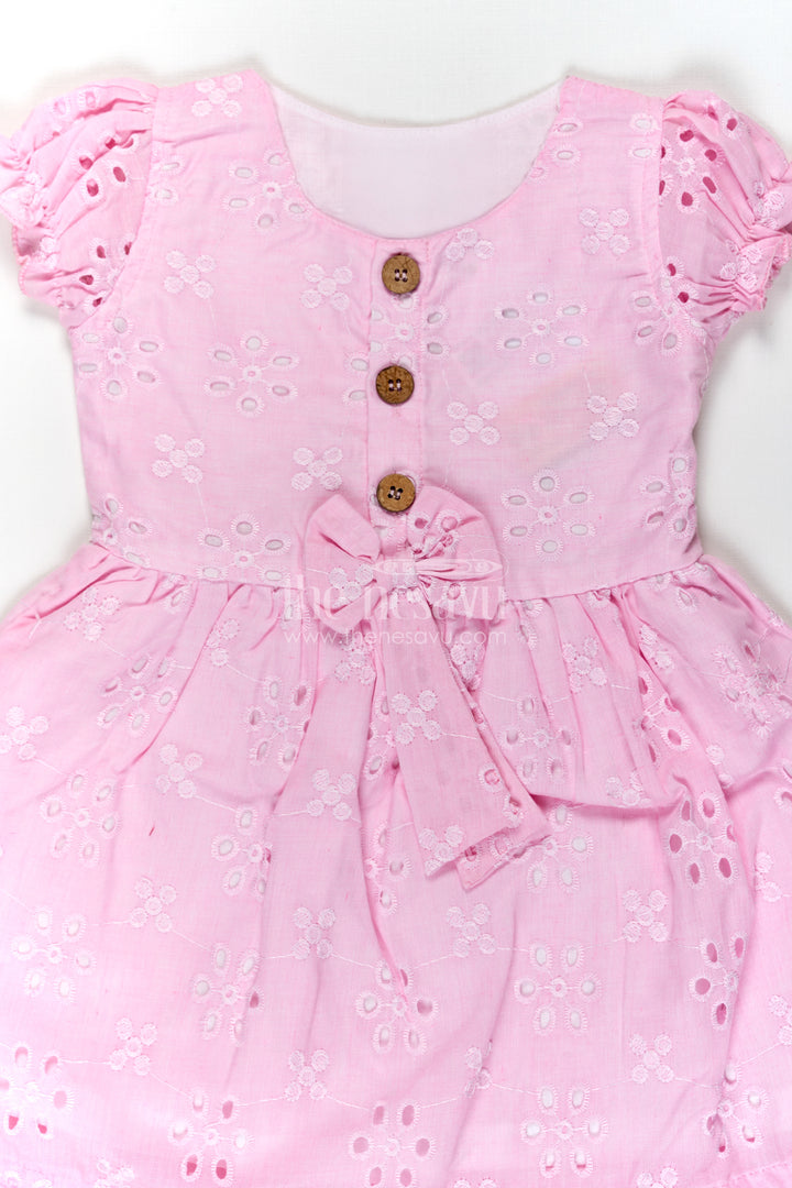 Girls Pink Cotton Dress with Hakoba Floral Embroidery and Puff Sleeves for Everyday Wear