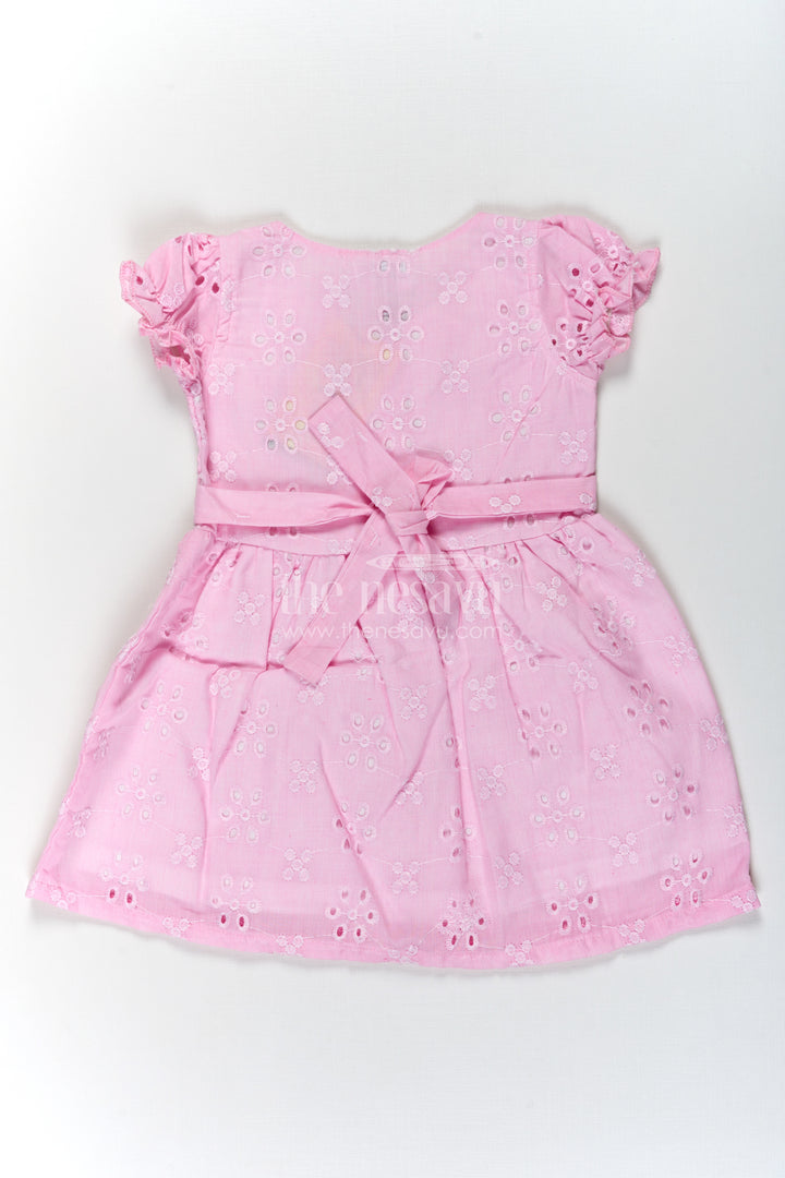Girls Pink Cotton Dress with Hakoba Floral Embroidery and Puff Sleeves for Everyday Wear
