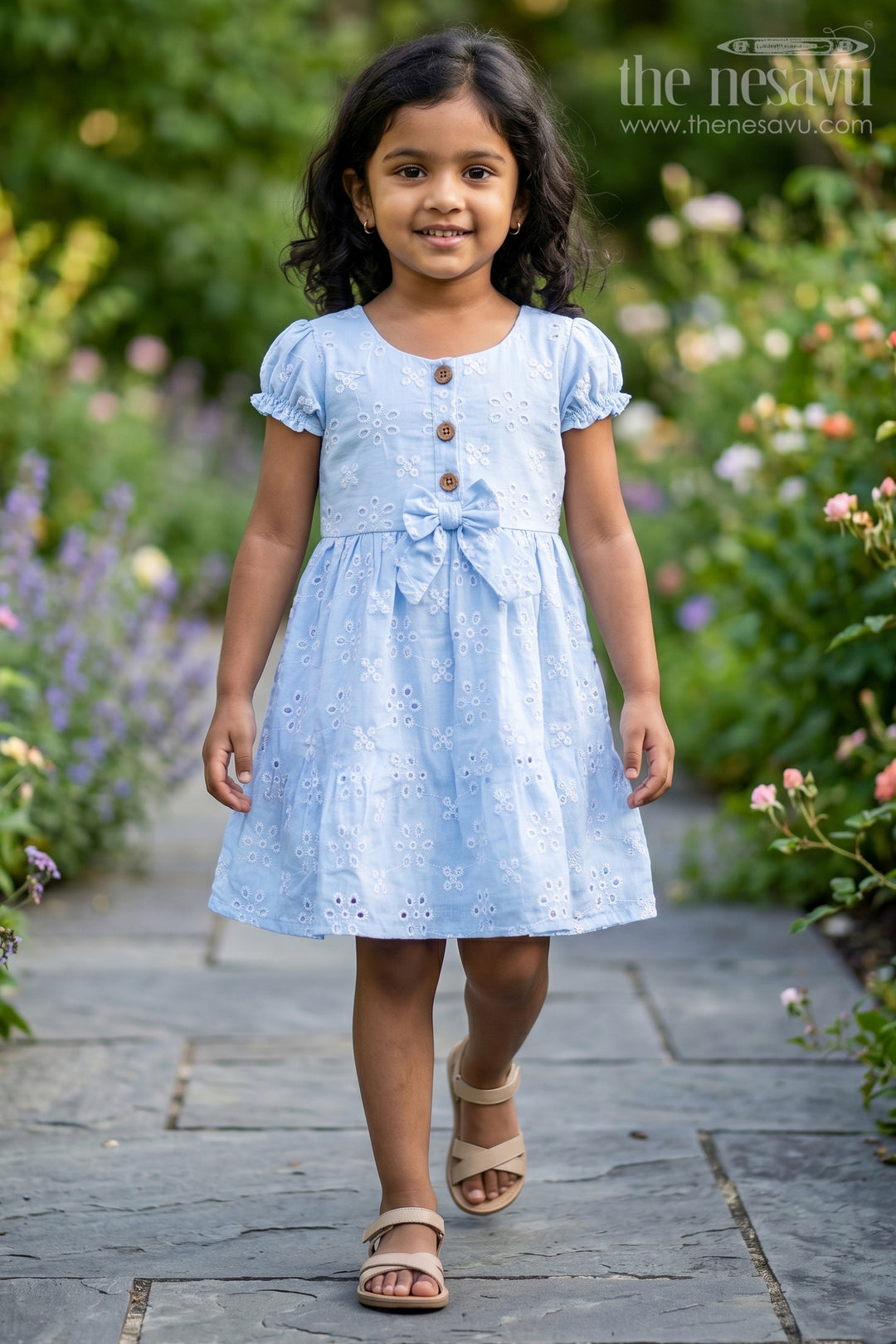 Casual Wear Party Dress for Girls in Sky Blue Hakoba with Embroidery and Waist Bow | The Nesavu The Nesavu Casual Wear Party Dress for Girls in Sky Blue Hakoba with Embroidery and Waist Bow | The Nesavu The Nesavu