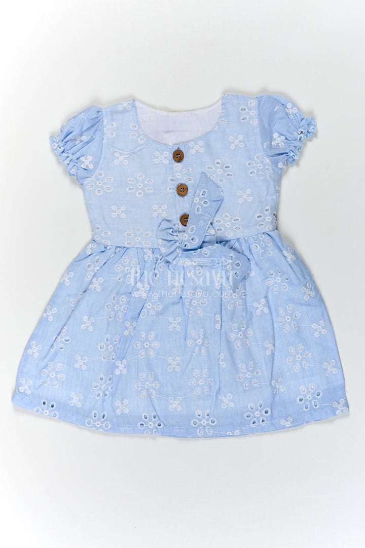 Girls Casual Wear Party Dress in Sky Blue Hakoba with Bow Belt and Wooden Button Detail