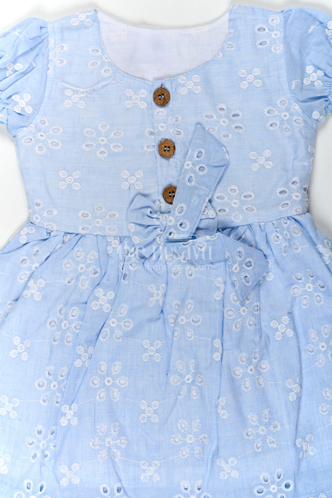 Girls Casual Wear Party Dress in Sky Blue Hakoba with Bow Belt and Wooden Button Detail