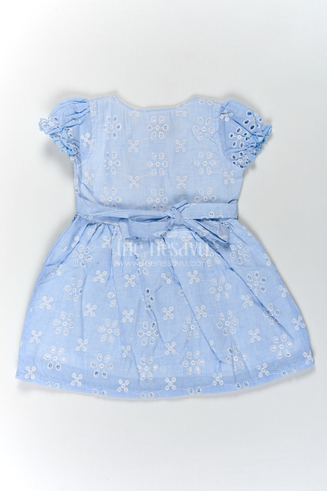 Girls Casual Wear Party Dress in Sky Blue Hakoba with Bow Belt and Wooden Button Detail