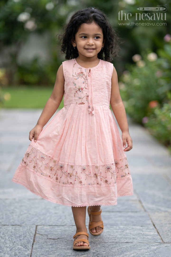 Girls Cotton Latest Designer Frock in Blush Pink with Pintucks and Thread Embroidery Yoke