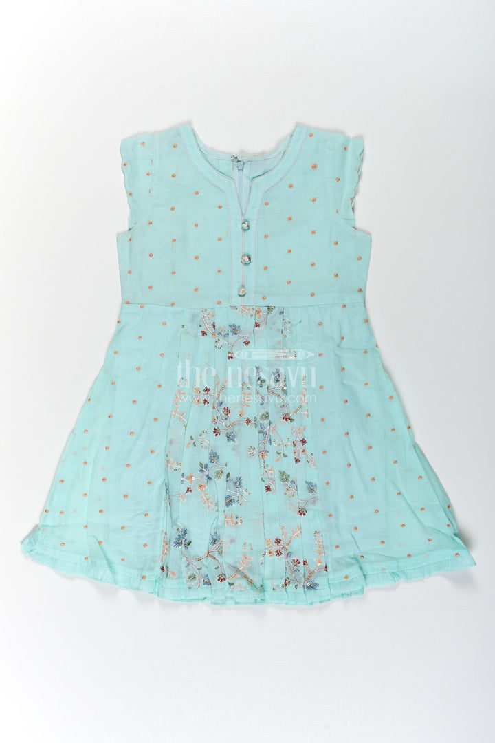 Girls Soft Cotton Frocks in Mint Green with Embroidered Pleated Panels and Sequin Accents