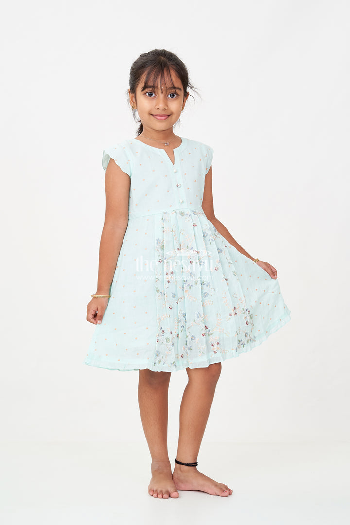 Girls Soft Cotton Frocks in Mint Green with Embroidered Pleated Panels and Sequin Accents