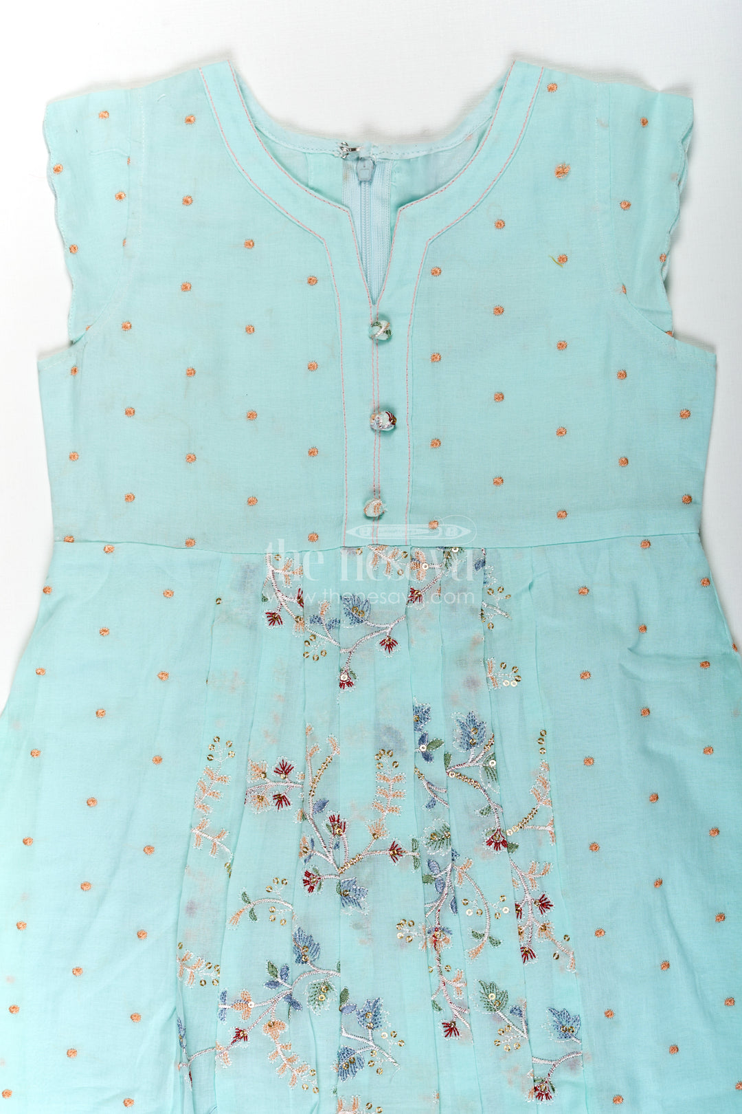 Girls Soft Cotton Frocks in Mint Green with Embroidered Pleated Panels and Sequin Accents