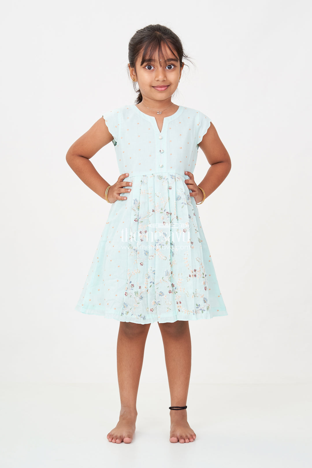 Girls Soft Cotton Frocks in Mint Green with Embroidered Pleated Panels and Sequin Accents