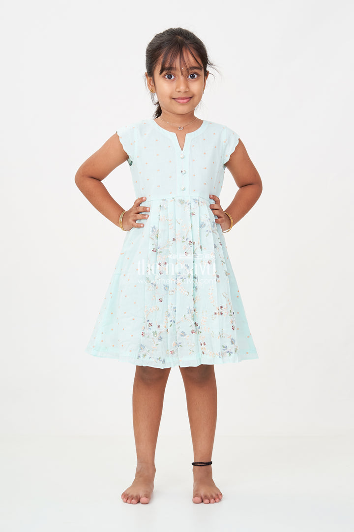 Girls Soft Cotton Frocks in Mint Green with Embroidered Pleated Panels and Sequin Accents
