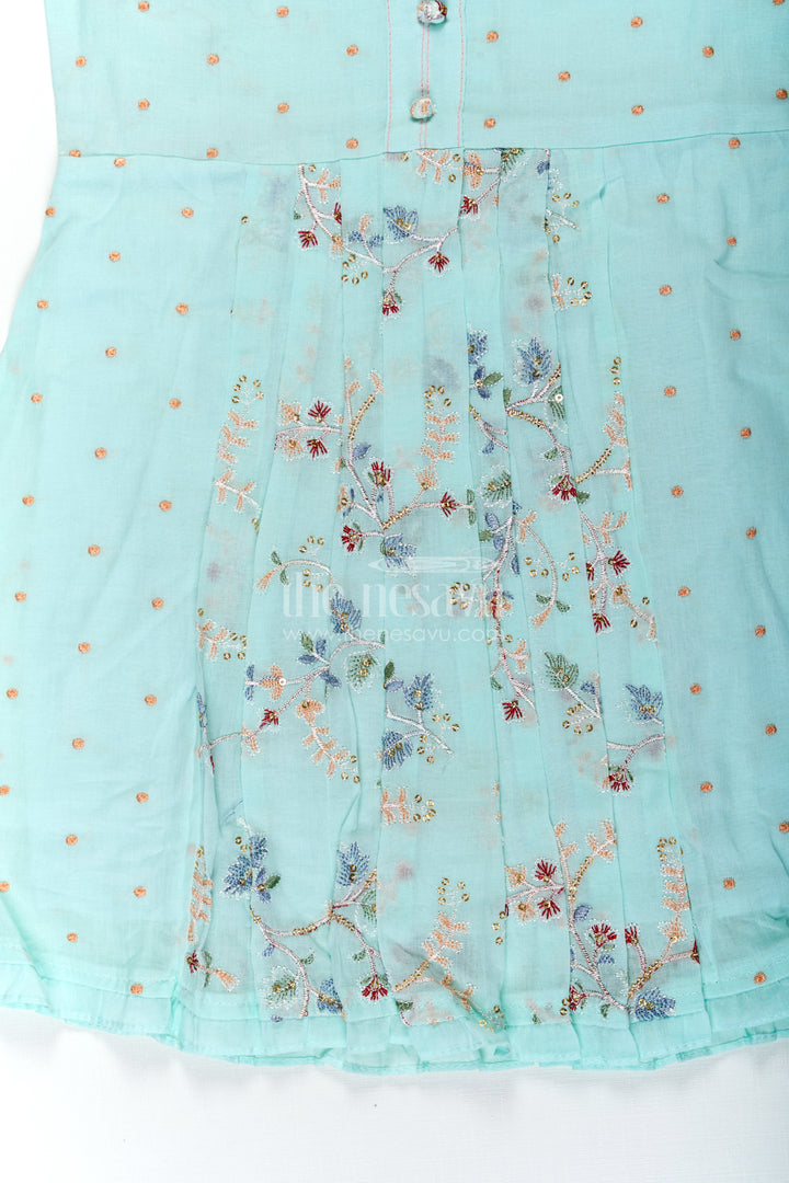 Girls Soft Cotton Frocks in Mint Green with Embroidered Pleated Panels and Sequin Accents