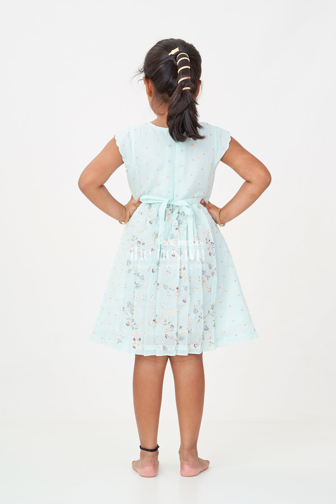 Girls Soft Cotton Frocks in Mint Green with Embroidered Pleated Panels and Sequin Accents