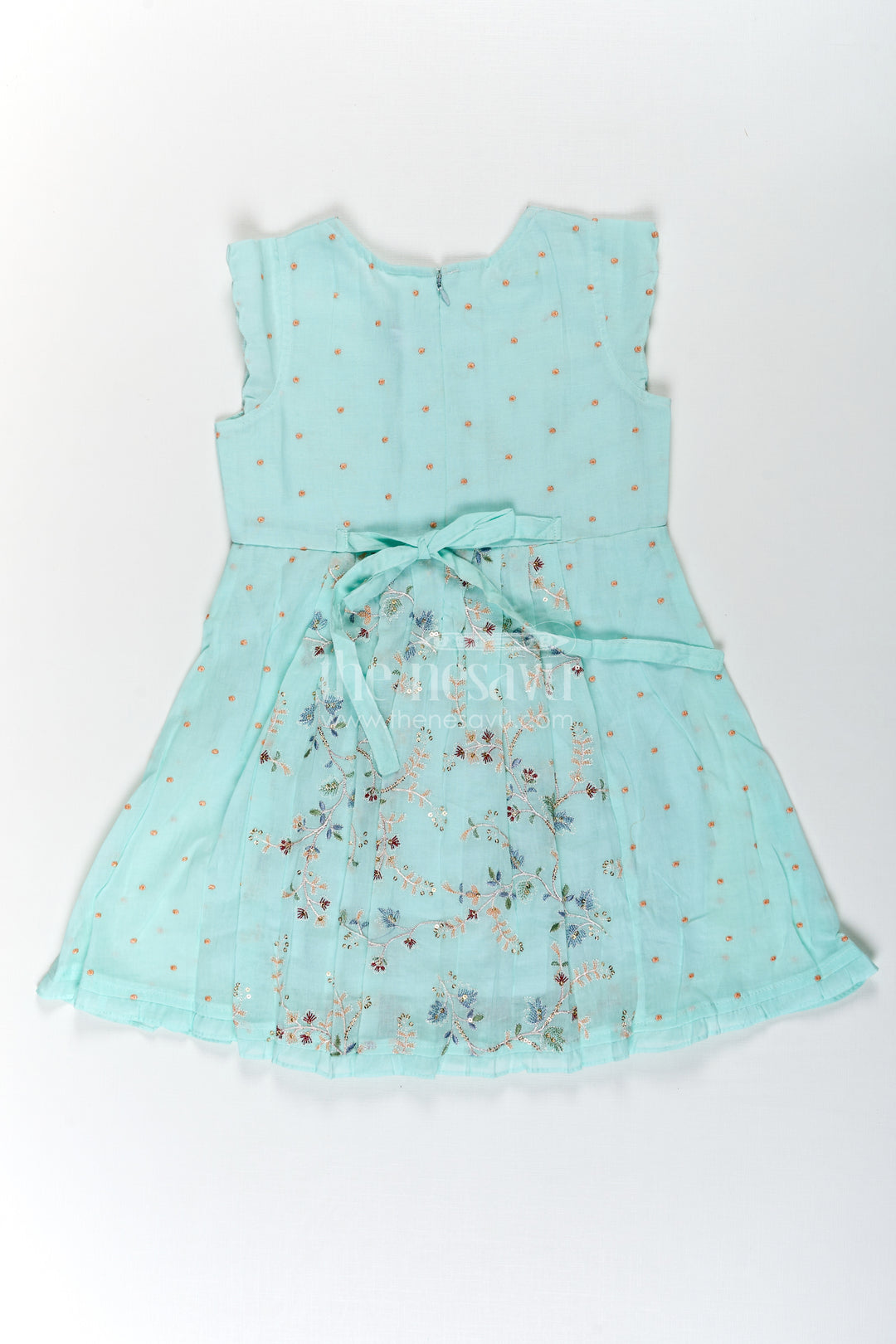 Girls Soft Cotton Frocks in Mint Green with Embroidered Pleated Panels and Sequin Accents