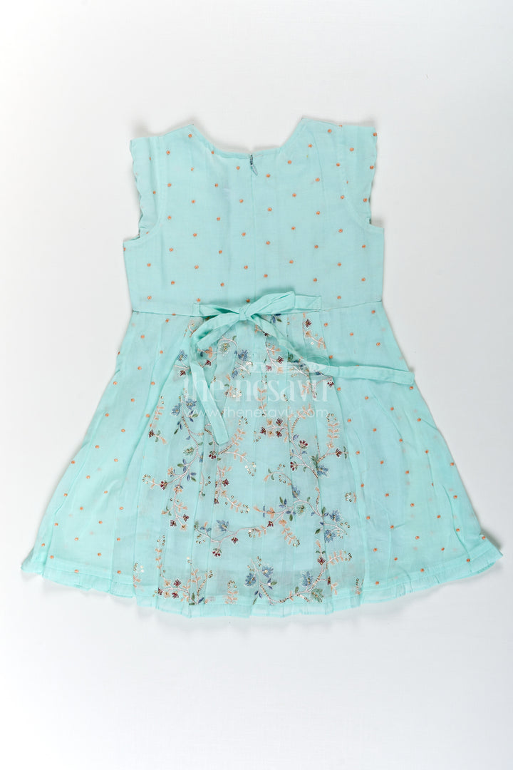 Girls Soft Cotton Frocks in Mint Green with Embroidered Pleated Panels and Sequin Accents