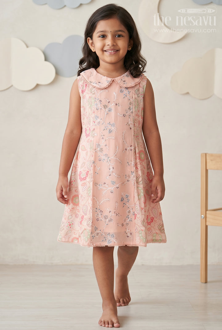 Girls Cotton Frock Simple Style with Peach Digital Prints and Thread Embroidered Front