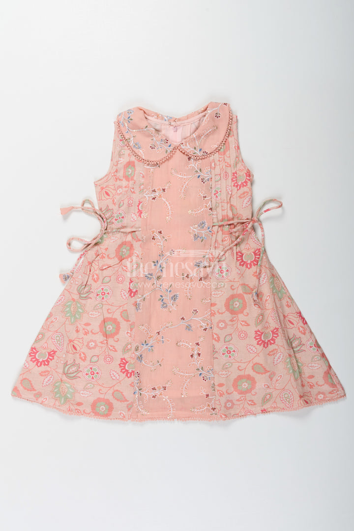Girls Cotton Frock Simple Style with Peach Digital Prints and Thread Embroidered Front