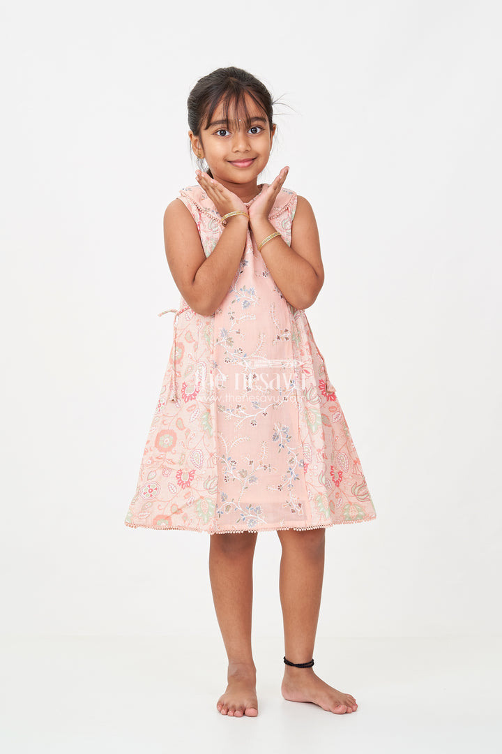 Girls Cotton Frock Simple Style with Peach Digital Prints and Thread Embroidered Front