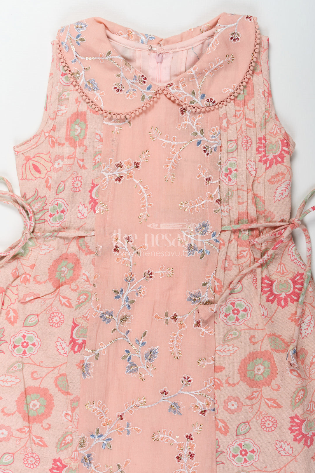 Girls Cotton Frock Simple Style with Peach Digital Prints and Thread Embroidered Front