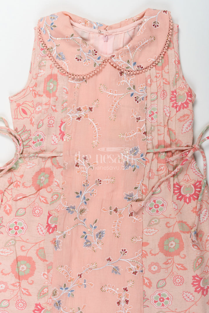 Girls Cotton Frock Simple Style with Peach Digital Prints and Thread Embroidered Front
