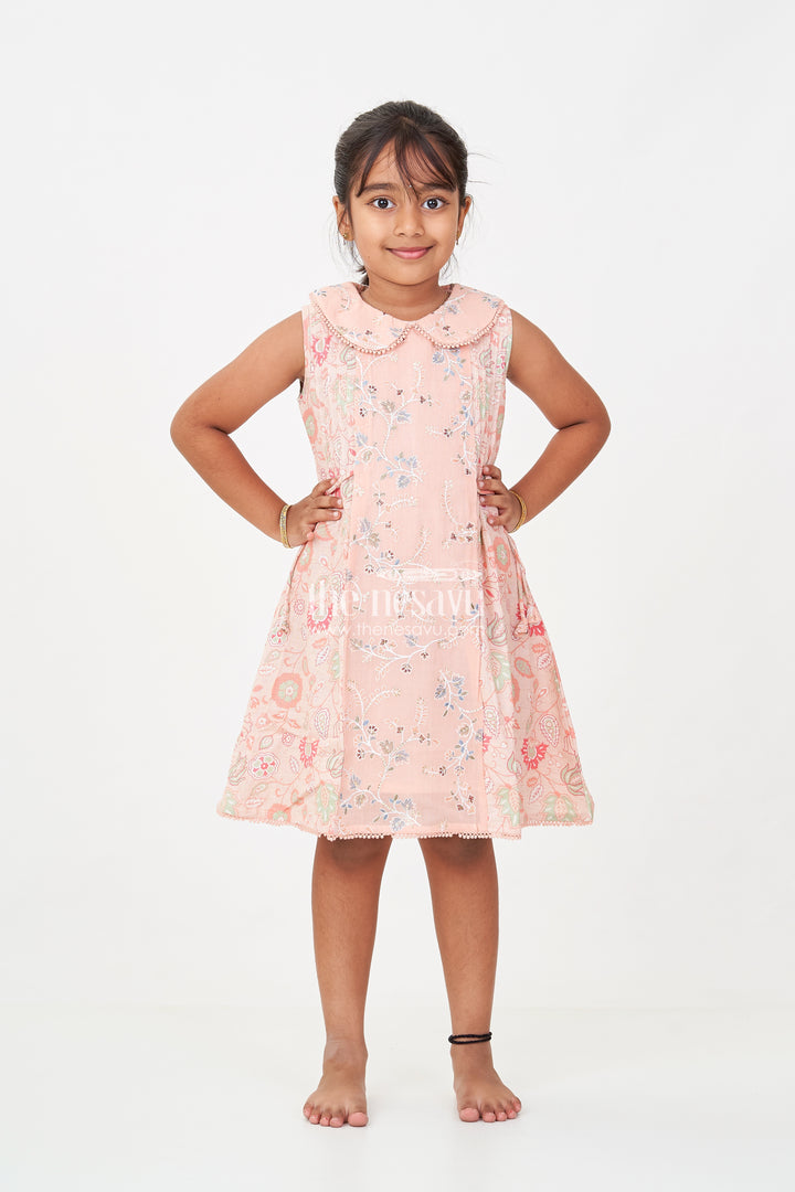 Girls Cotton Frock Simple Style with Peach Digital Prints and Thread Embroidered Front