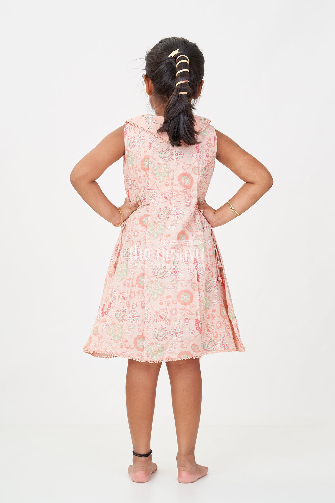Girls Cotton Frock Simple Style with Peach Digital Prints and Thread Embroidered Front