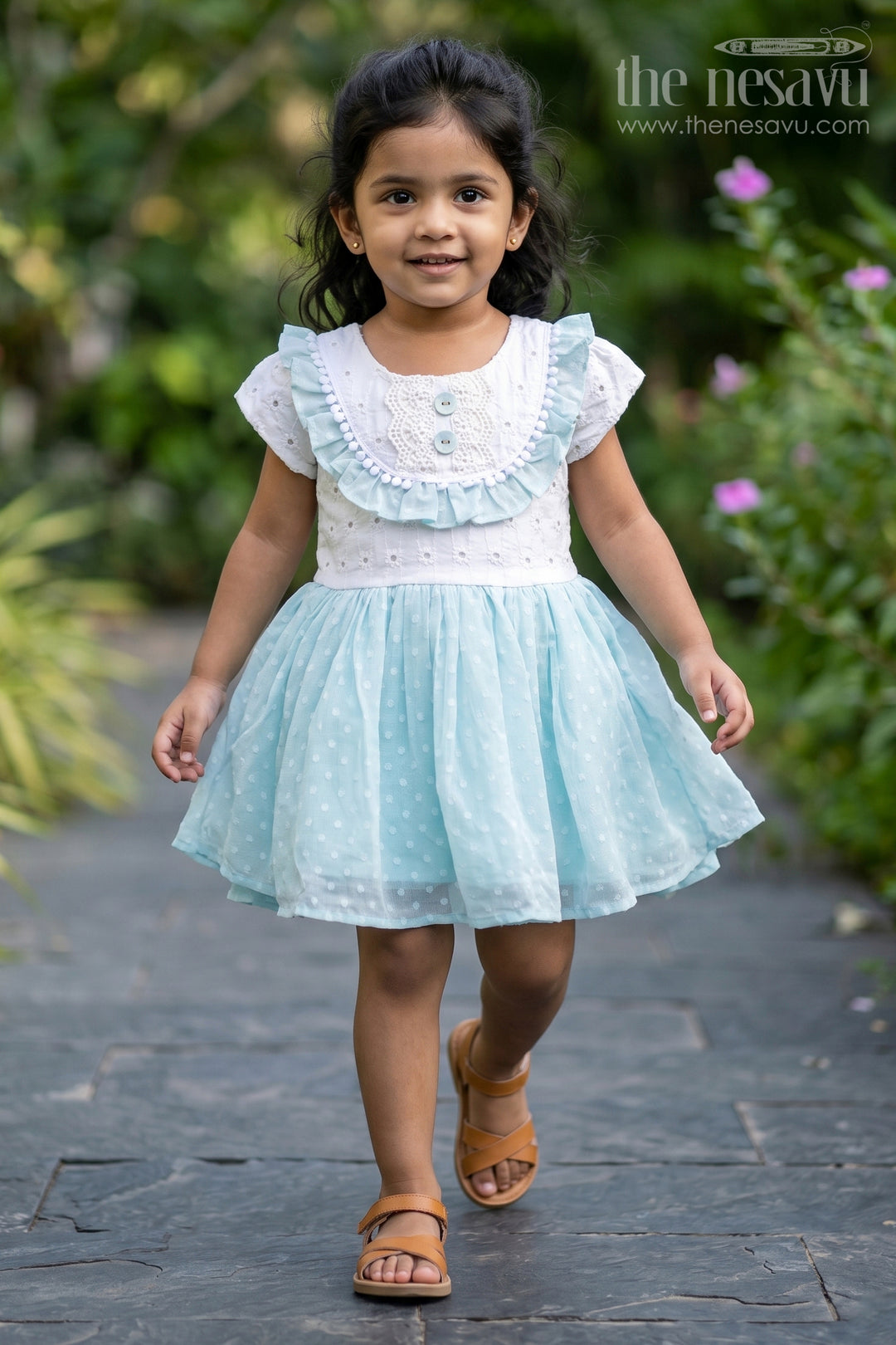 Frock Clothing for Baby Girls in Aqua Blue with Hakoba Lace Yoke and Georgette Polka Dot Flare