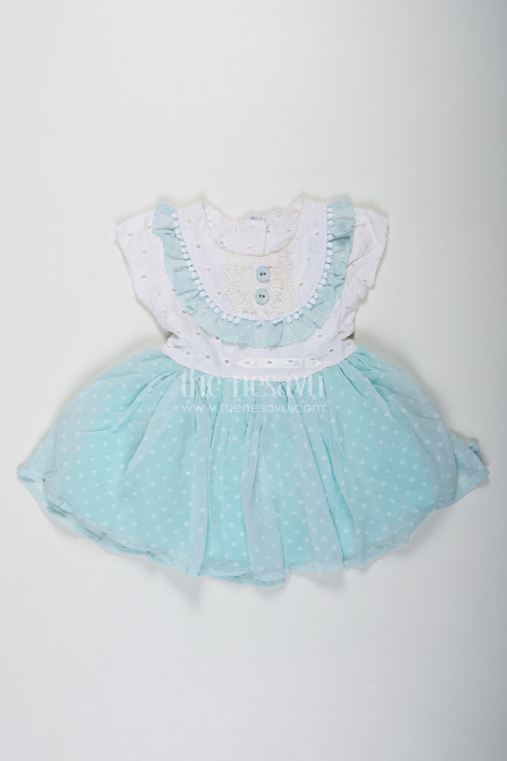 Frock Clothing for Baby Girls in Aqua Blue with Hakoba Lace Yoke and Georgette Polka Dot Flare