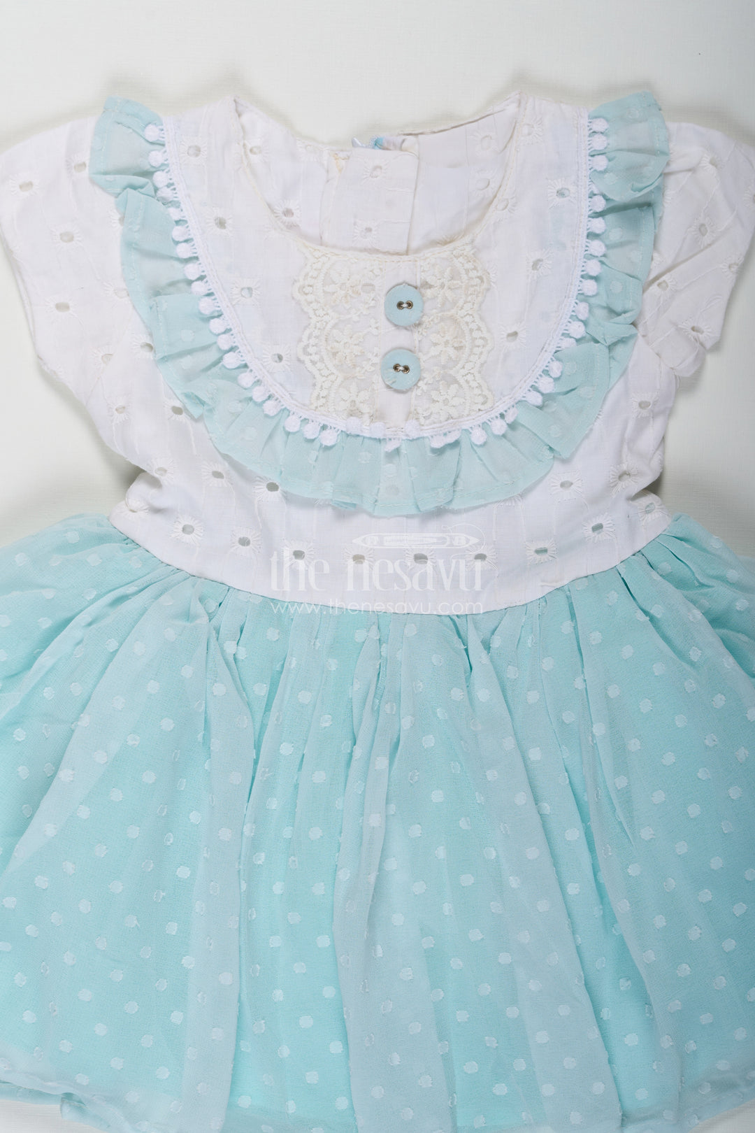 Frock Clothing for Baby Girls in Aqua Blue with Hakoba Lace Yoke and Georgette Polka Dot Flare