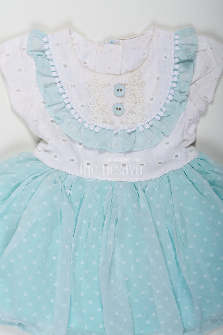 Frock Clothing for Baby Girls in Aqua Blue with Hakoba Lace Yoke and Georgette Polka Dot Flare