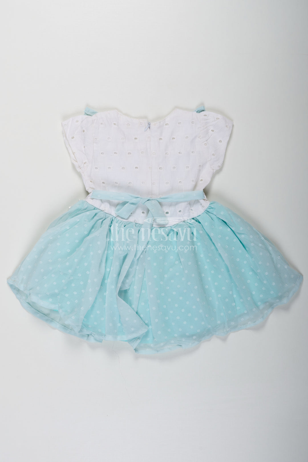 Frock Clothing for Baby Girls in Aqua Blue with Hakoba Lace Yoke and Georgette Polka Dot Flare