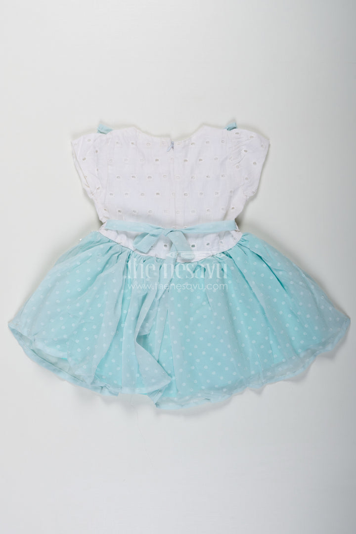 Frock Clothing for Baby Girls in Aqua Blue with Hakoba Lace Yoke and Georgette Polka Dot Flare