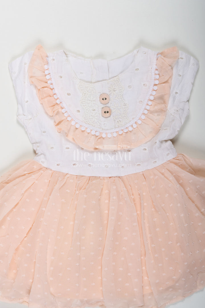 Frock Suit for Wedding in Soft Peach with Hakoba Lace Yoke and Designer Georgette Bottom for Baby Girls