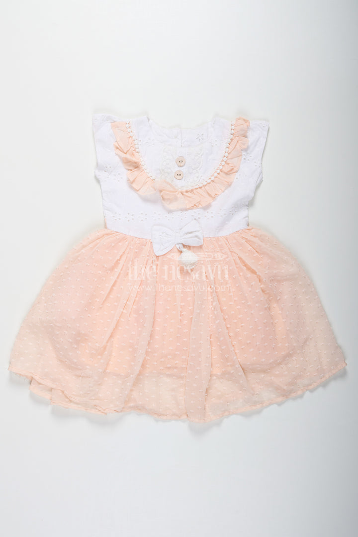 Frock Suit for Wedding in Soft Peach with Hakoba Lace Yoke and Designer Georgette Bottom for Baby Girls