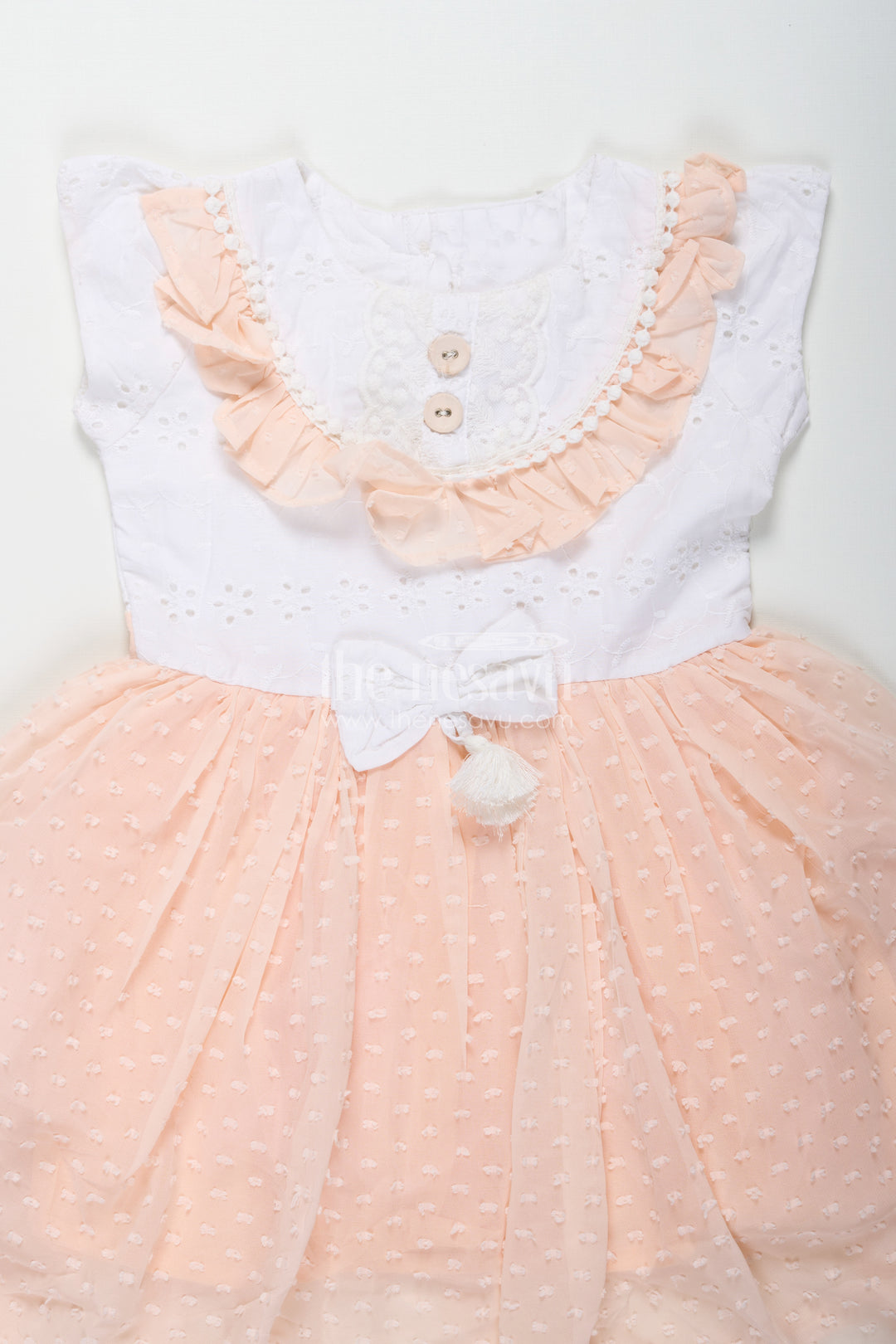 Frock Suit for Wedding in Soft Peach with Hakoba Lace Yoke and Designer Georgette Bottom for Baby Girls
