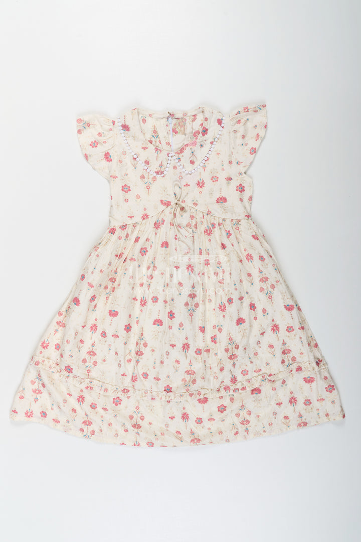 Girls Full Frock in Cream Rayon with Floral Digital Print and Ruffled Sleeves for Comfortable Wear