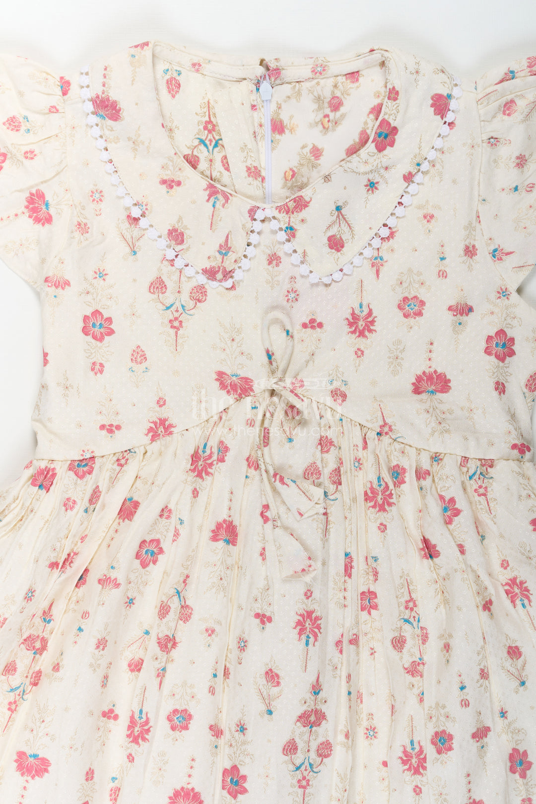 Girls Full Frock in Cream Rayon with Floral Digital Print and Ruffled Sleeves for Comfortable Wear