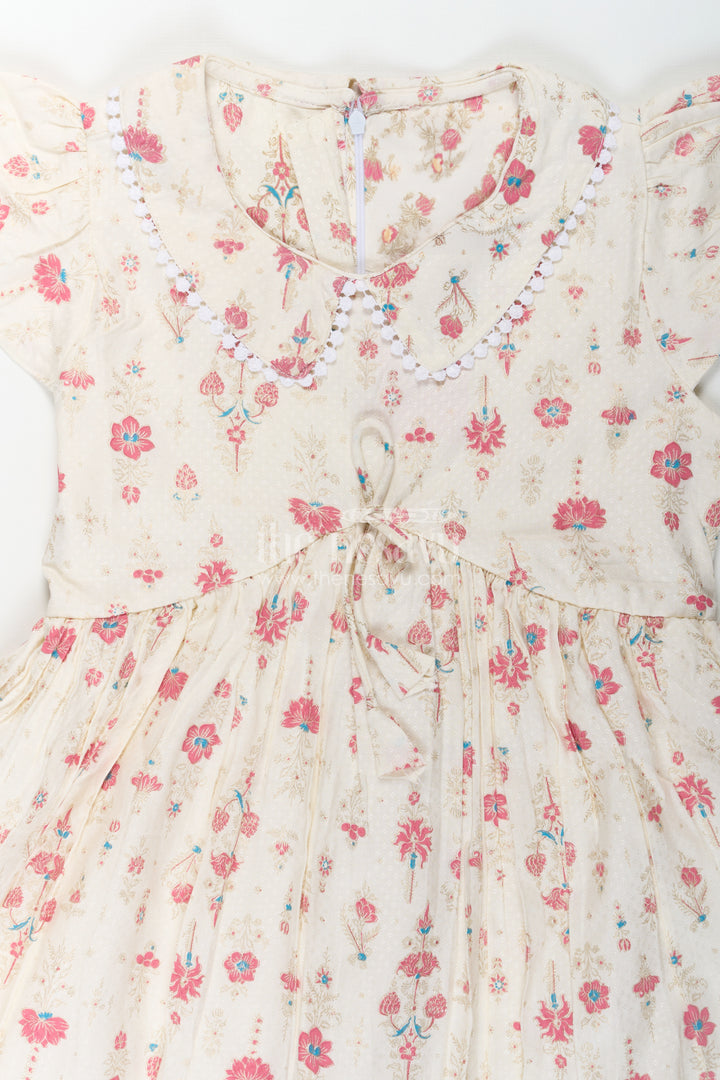 Girls Full Frock in Cream Rayon with Floral Digital Print and Ruffled Sleeves for Comfortable Wear