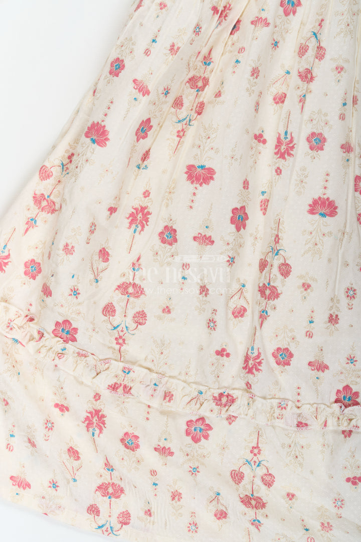 Girls Full Frock in Cream Rayon with Floral Digital Print and Ruffled Sleeves for Comfortable Wear