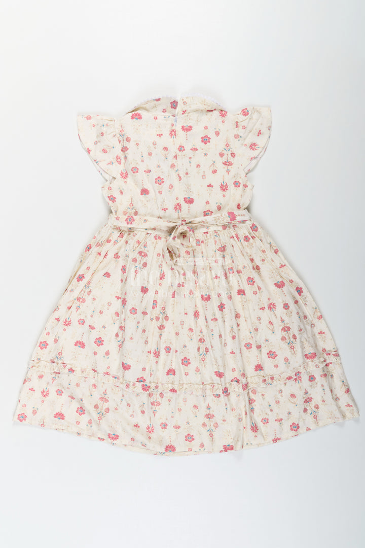 Girls Full Frock in Cream Rayon with Floral Digital Print and Ruffled Sleeves for Comfortable Wear