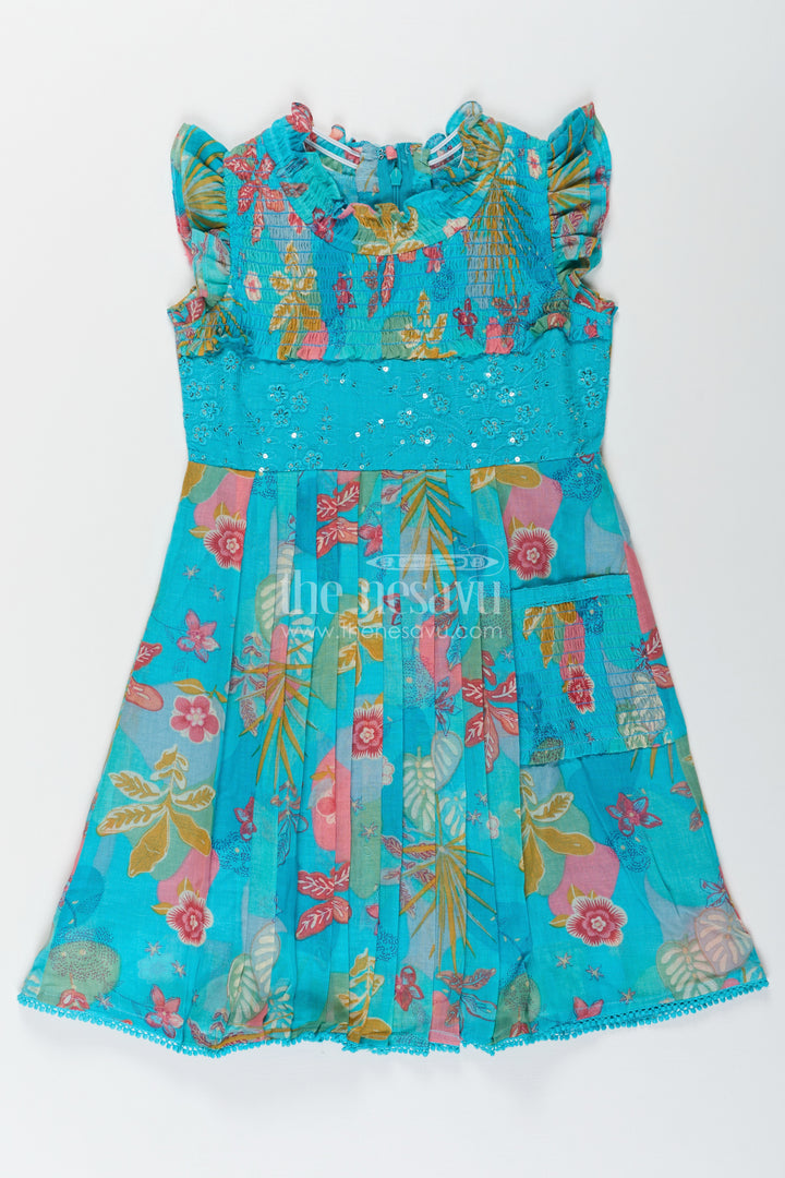 Girls frock eid stylish dress design in Vibrant Floral Cotton with Sequin Accents and Pleated Skirt