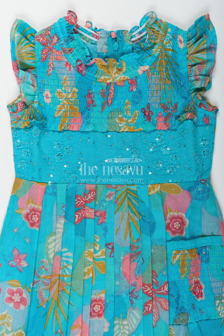 Girls frock eid stylish dress design in Vibrant Floral Cotton with Sequin Accents and Pleated Skirt