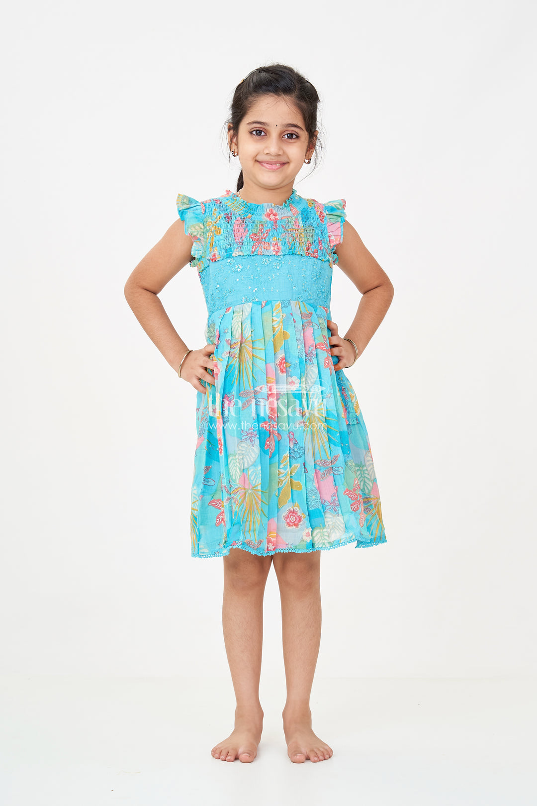 Girls frock eid stylish dress design in Vibrant Floral Cotton with Sequin Accents and Pleated Skirt