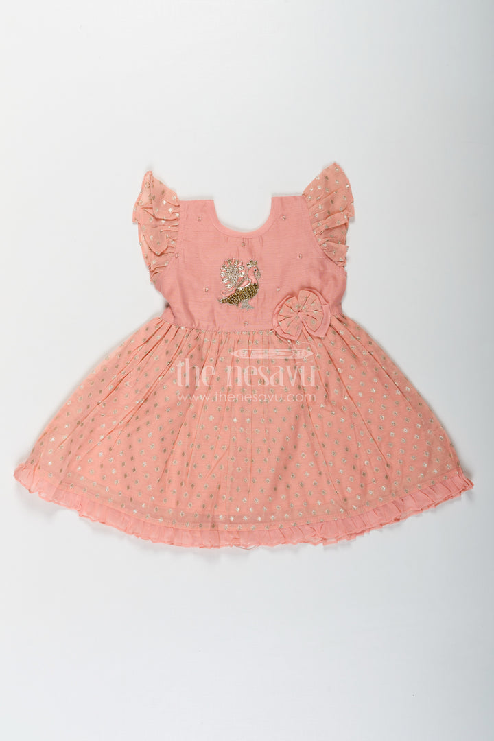 Girls dark peach colour frock in Chanderi with Thread Embroidered Peacock and Frilled Hem Design