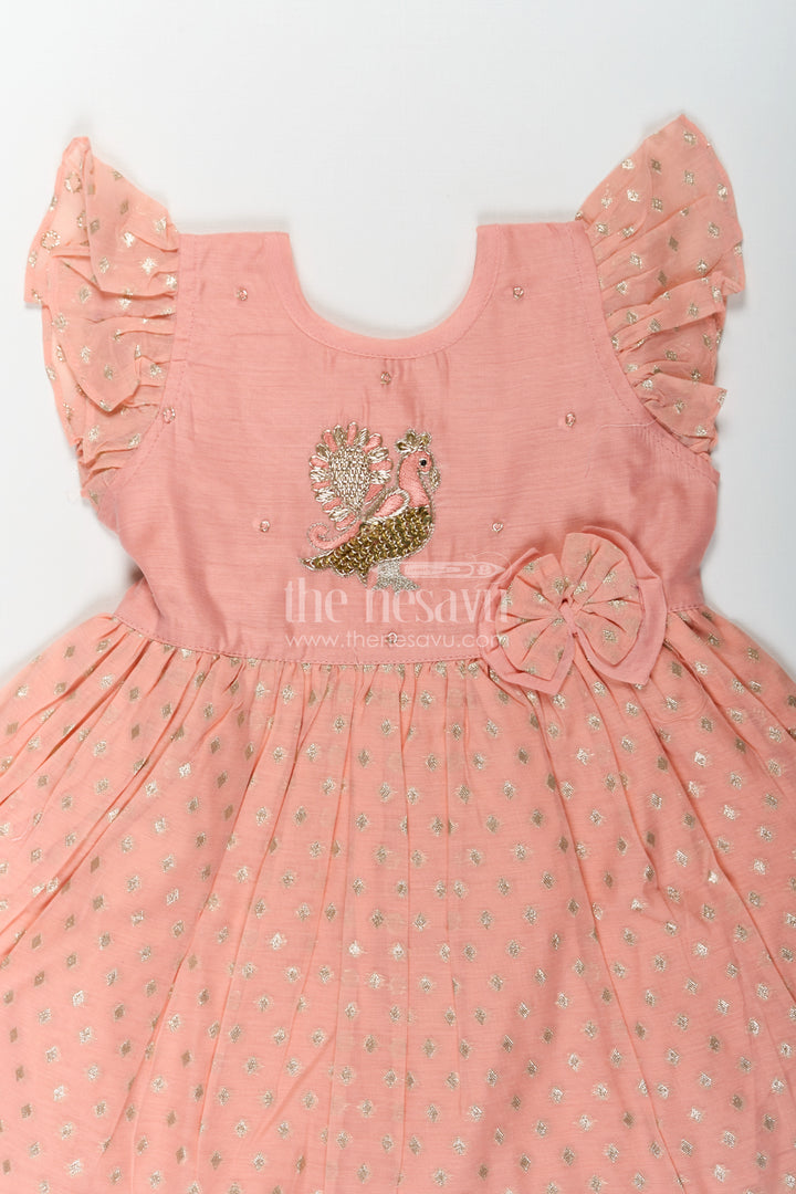 Girls dark peach colour frock in Chanderi with Thread Embroidered Peacock and Frilled Hem Design