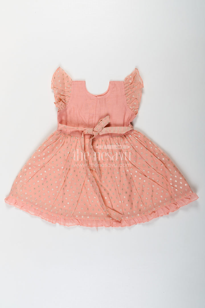 Girls dark peach colour frock in Chanderi with Thread Embroidered Peacock and Frilled Hem Design