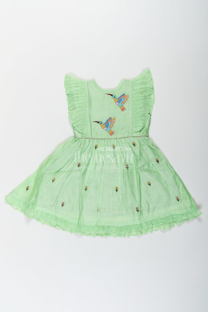 Girls frock night dress in Light Green Chanderi with Bird Embroidery and Layered Frill Sleeves