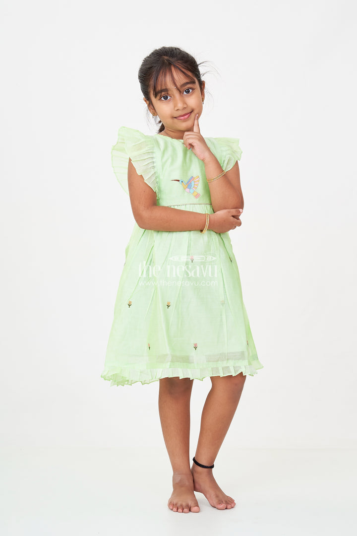 Girls frock night dress in Light Green Chanderi with Bird Embroidery and Layered Frill Sleeves