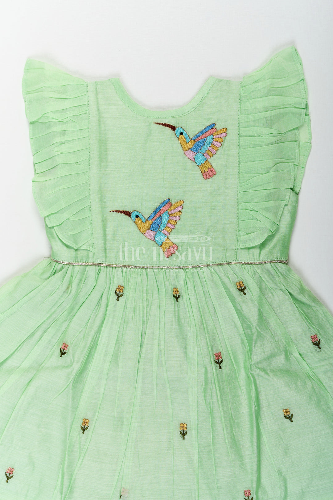 Girls frock night dress in Light Green Chanderi with Bird Embroidery and Layered Frill Sleeves