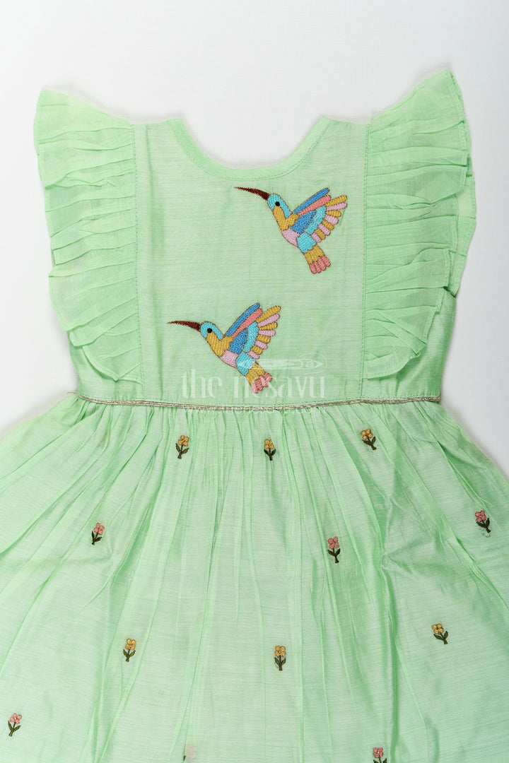 Girls frock night dress in Light Green Chanderi with Bird Embroidery and Layered Frill Sleeves