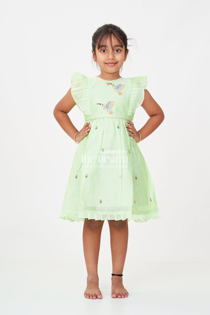 Girls frock night dress in Light Green Chanderi with Bird Embroidery and Layered Frill Sleeves